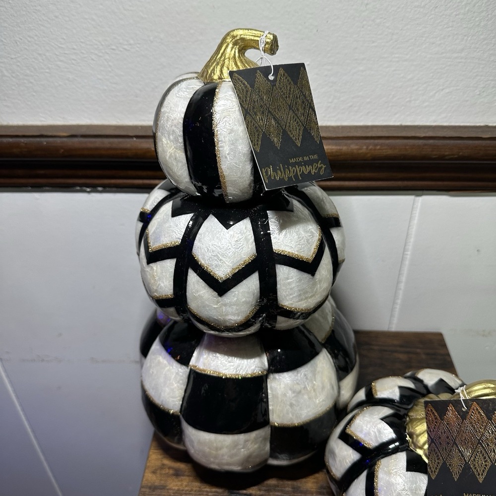 2 Black White Checkered Stacked Pumpkins Gold Stems Halloween Fall Topiary New - Picture 7 of 11